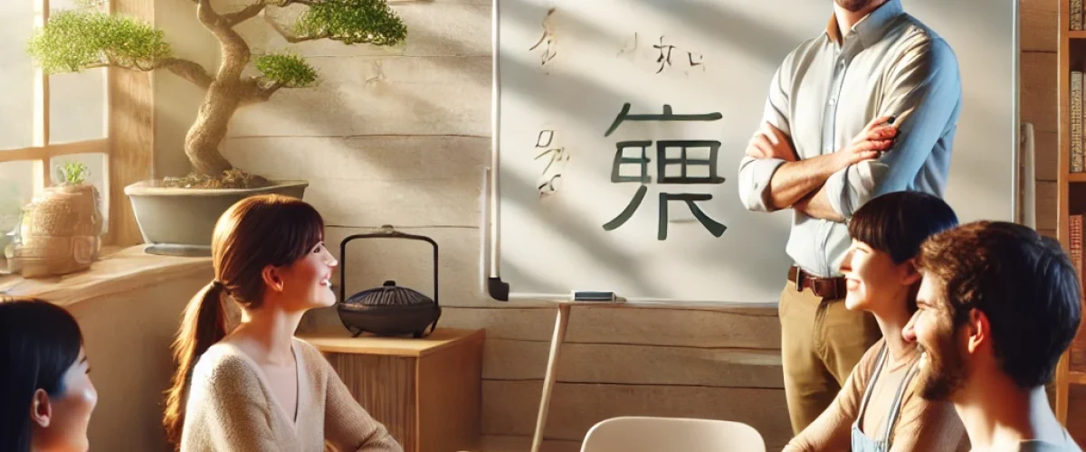 DALL·E 2024-10-28 18.00.51 – A high-quality, realistic promotional image for Japanese language classes. Show a modern, welcoming classroom with a warm ambiance. A Japanese instruc Japanese anguage classes